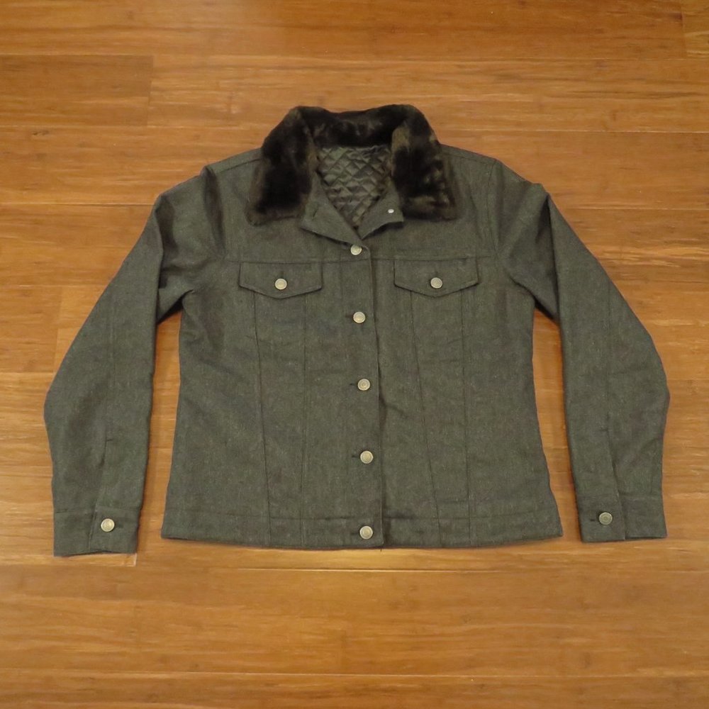 Womens 1990s Jacket Vintage GAP Gray Faux Fur Collar Medium